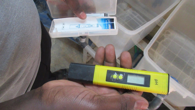 Hands holding a digital pH pen next to its storage case