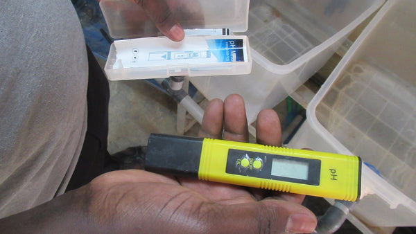 Hands holding a digital pH pen next to its storage case