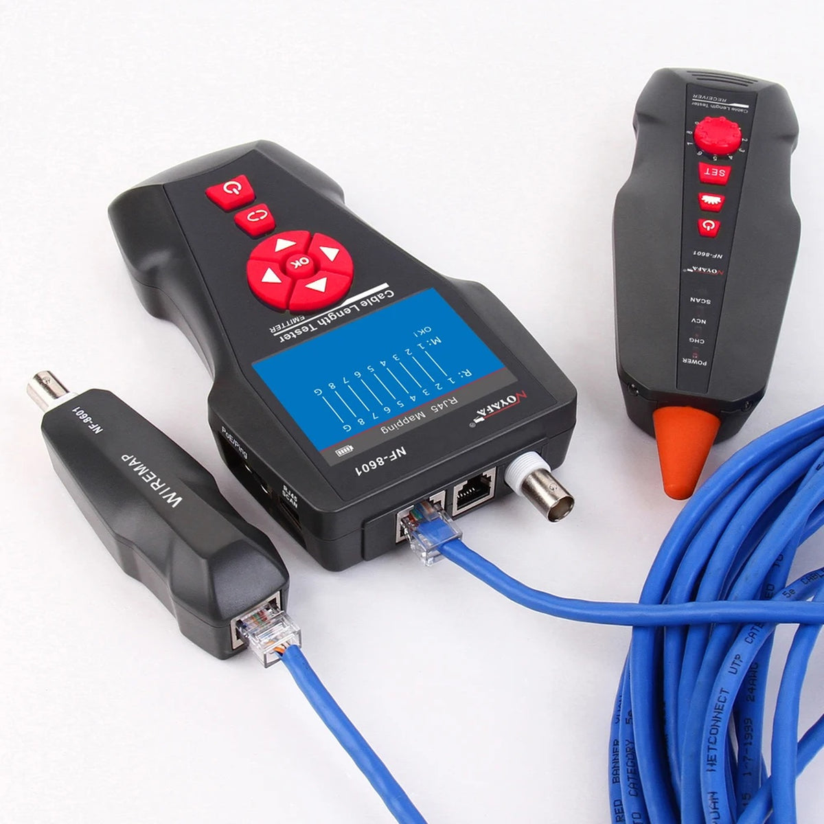 NOYAFA NF-8601 cable length tester kit emitter receiver wiremap English UI
