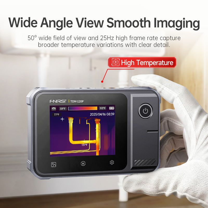 FNIRSI TDM-120P thermal imaging multimeter held in hand, wide-angle thermal view