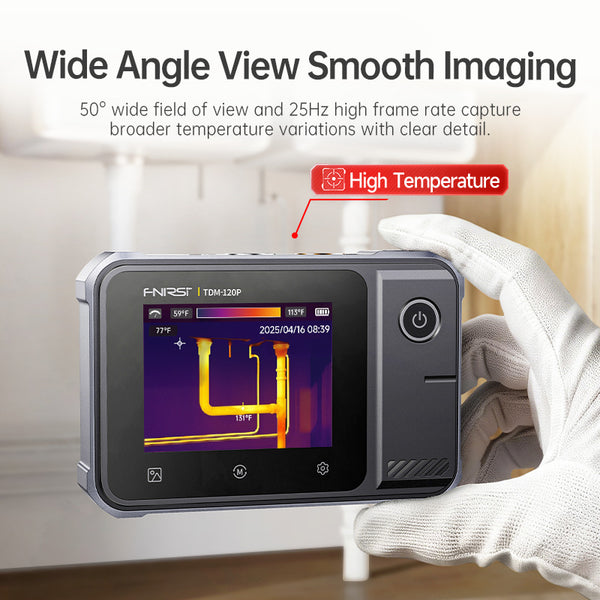 FNIRSI TDM-120P thermal imaging multimeter held in hand, wide-angle thermal view