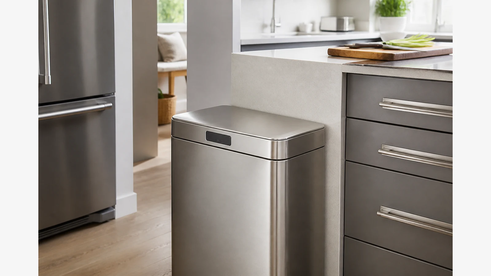 Brushed stainless sensor bin matching stainless appliances in a renovated kitchen