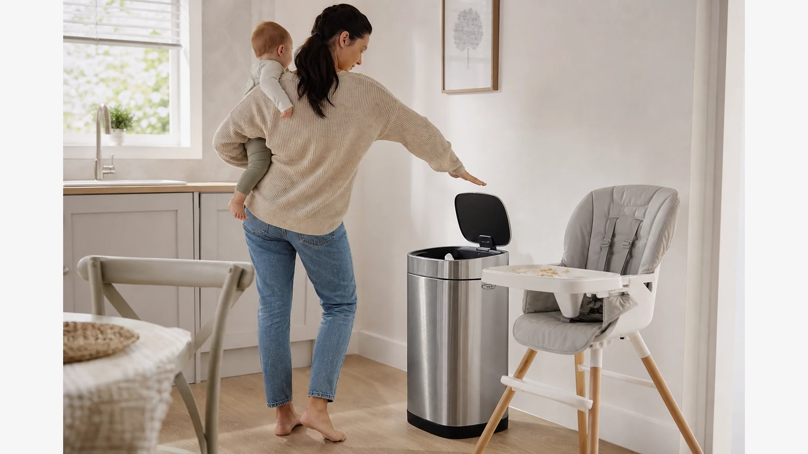 Parent with baby using a hands-free kitchen sensor bin during weaning clean-up
