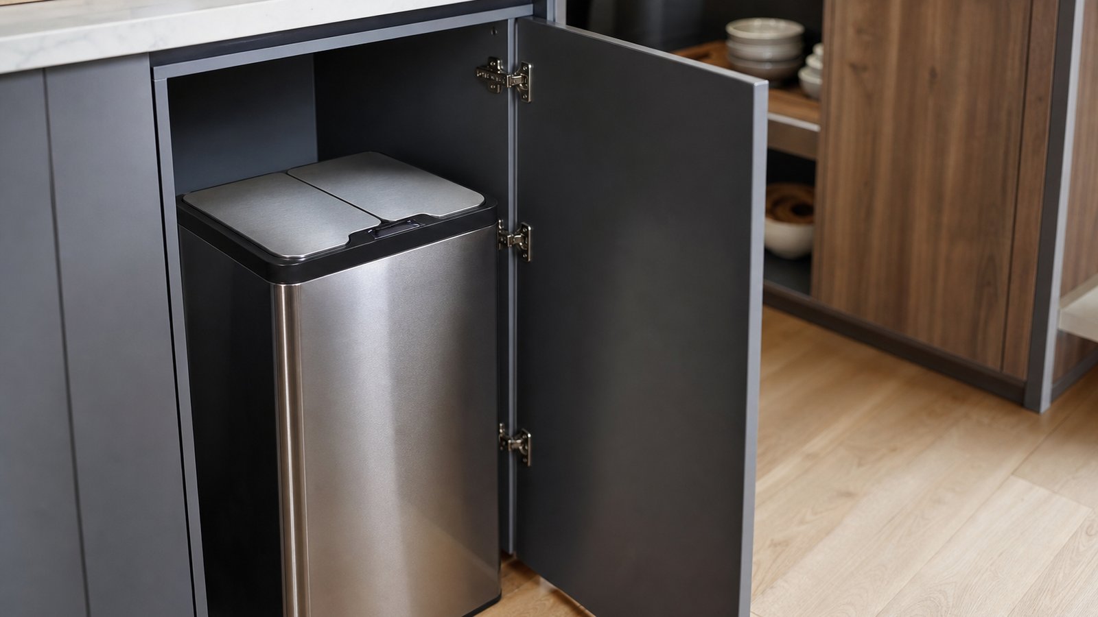 touchless sensor kitchen bin in a clean UK lifestyle scene