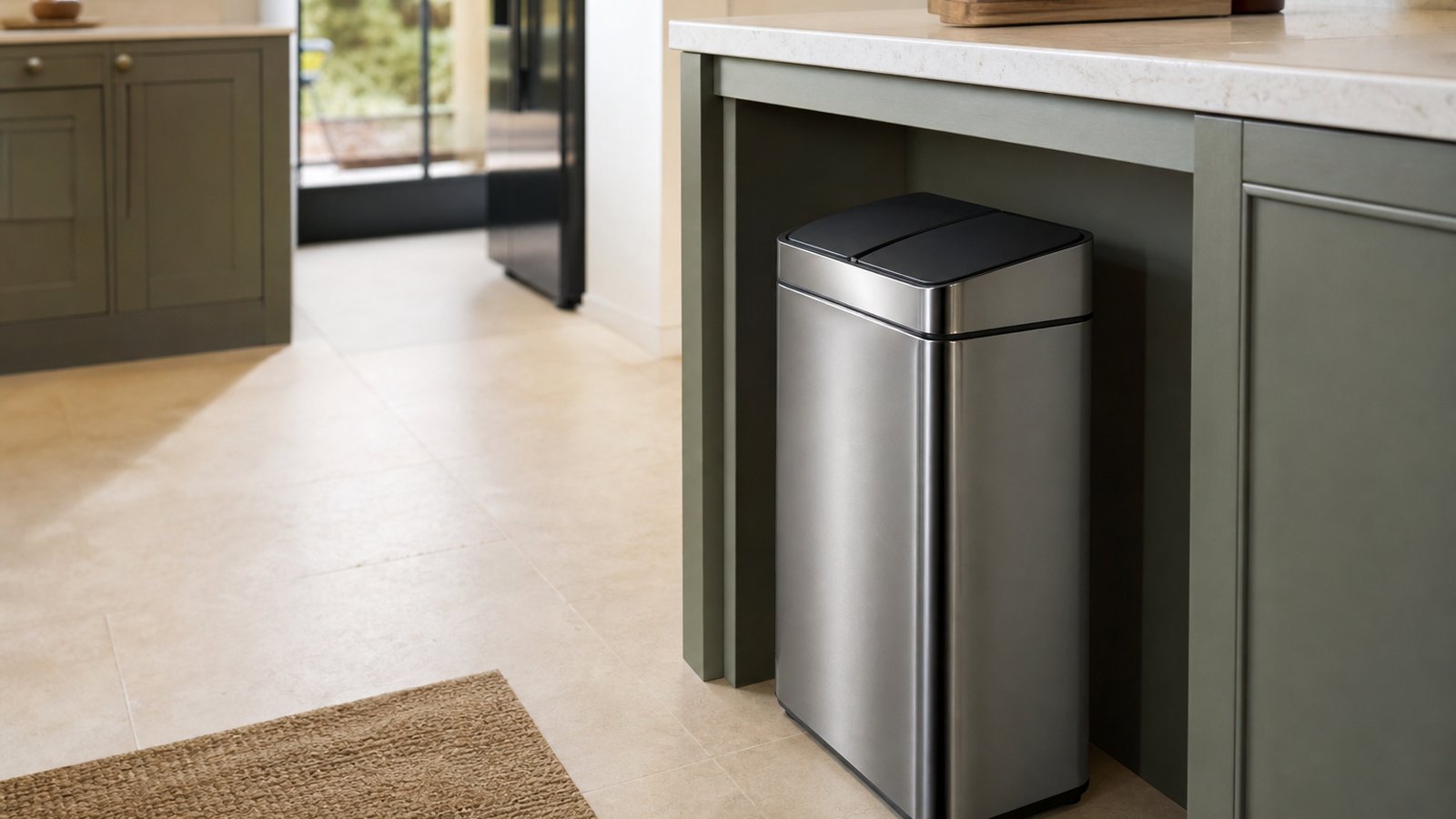 touchless sensor kitchen bin in a clean UK lifestyle scene