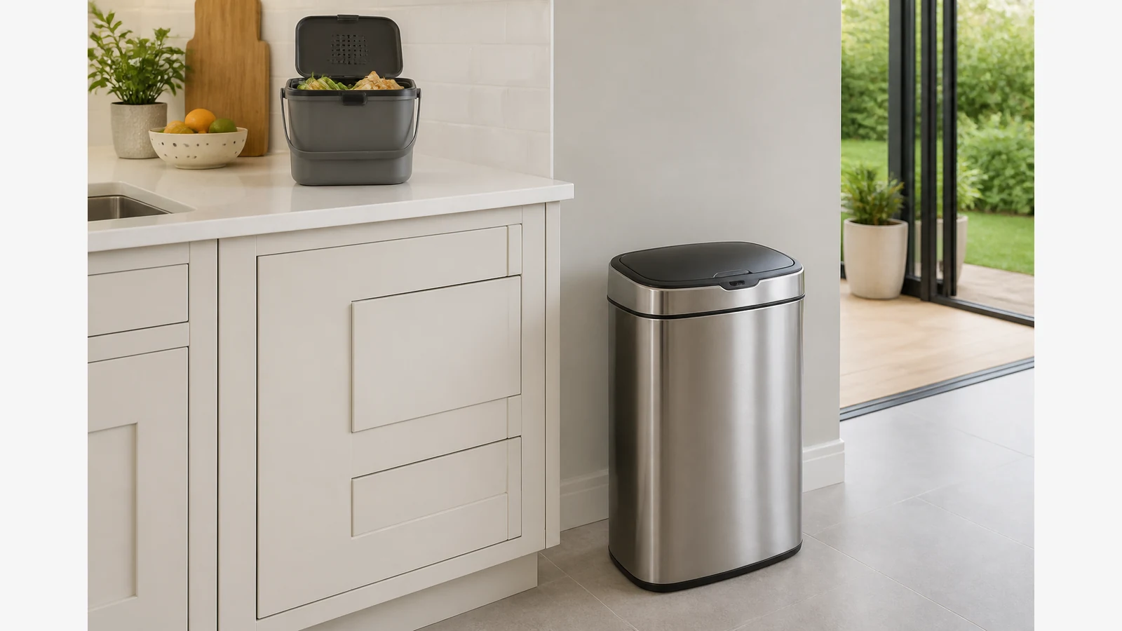 Kitchen food waste caddy beside a freestanding sensor residual bin