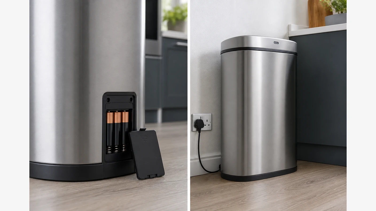 Battery compartment and rechargeable power options on a kitchen sensor bin
