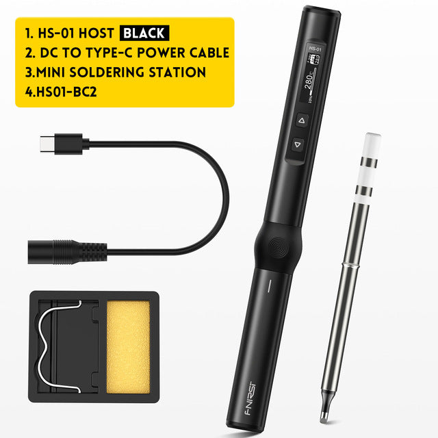 FNIRSI HS-01 BC2 kit — black host, DC to USB-C cable, mini station, HS01-BC2 tip