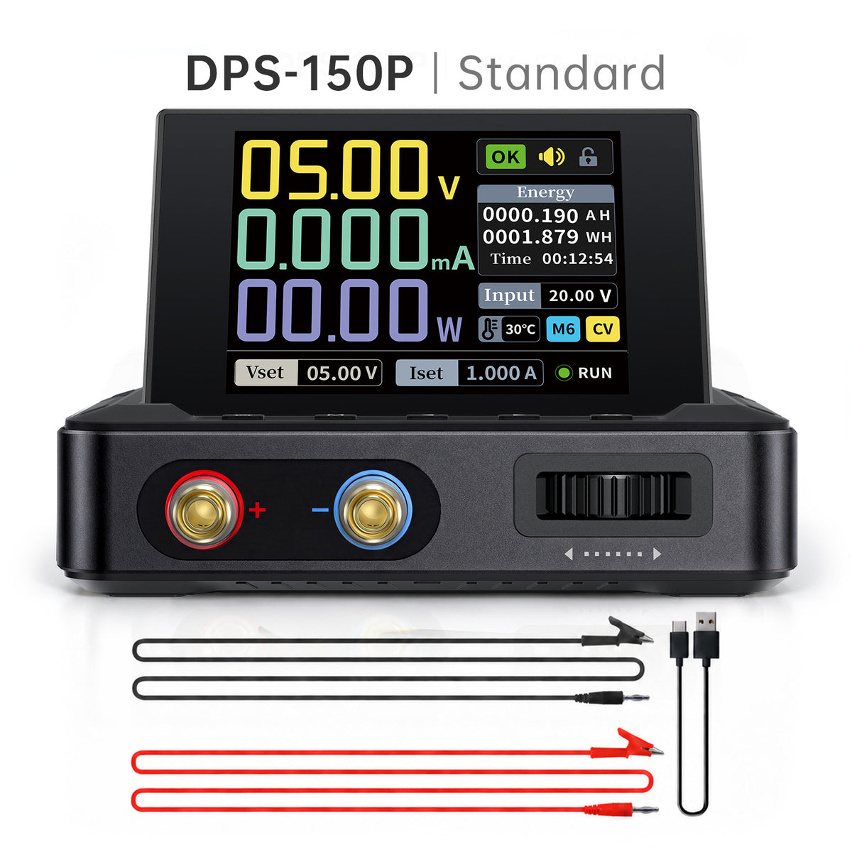 FNIRSI DPS-150P DC power supply with test leads and USB-C cable