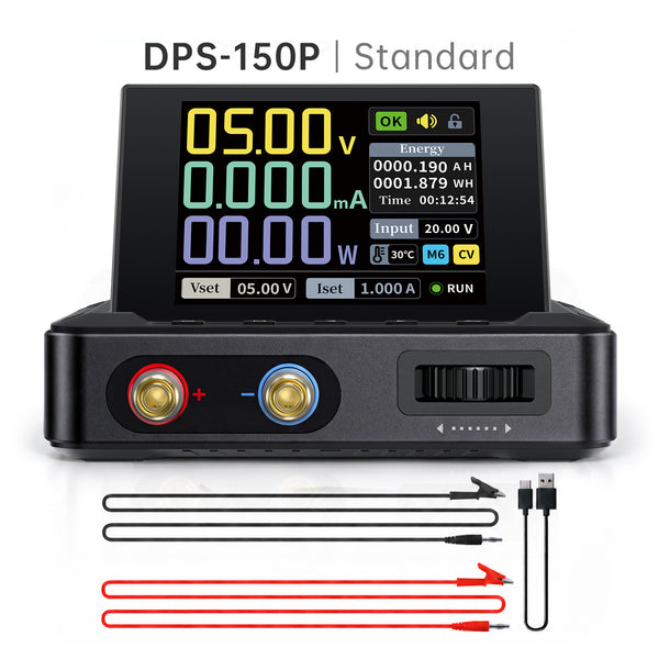 FNIRSI DPS-150P DC power supply with test leads and USB-C cable