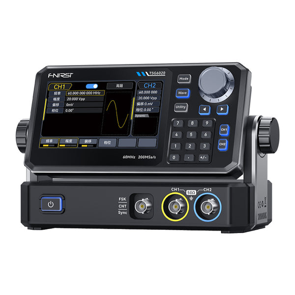 FNIRSI TSG6020 function signal generator – front view with 4.3in screen and dual BNC outputs